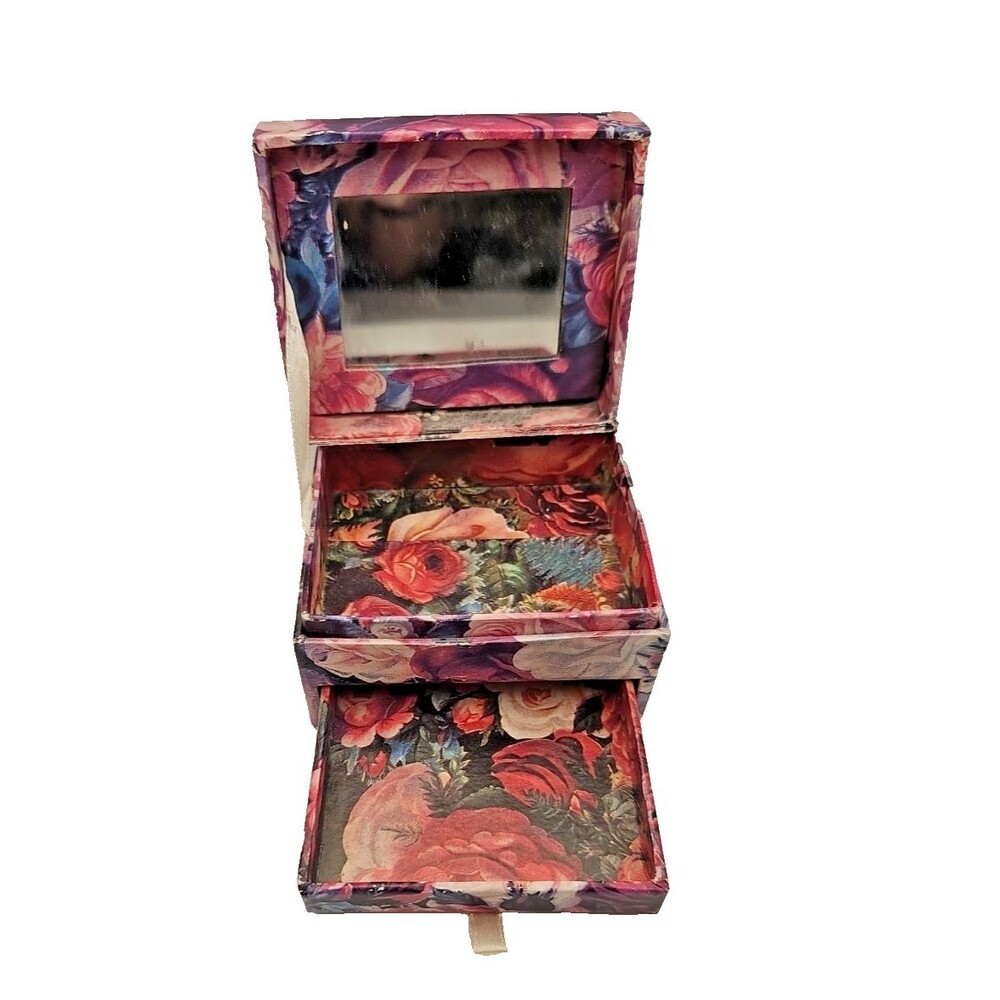 Paper Mache Floral Trinket Box W/Attached Mirror, Main Area, Tiny Drawer 3x3.5"